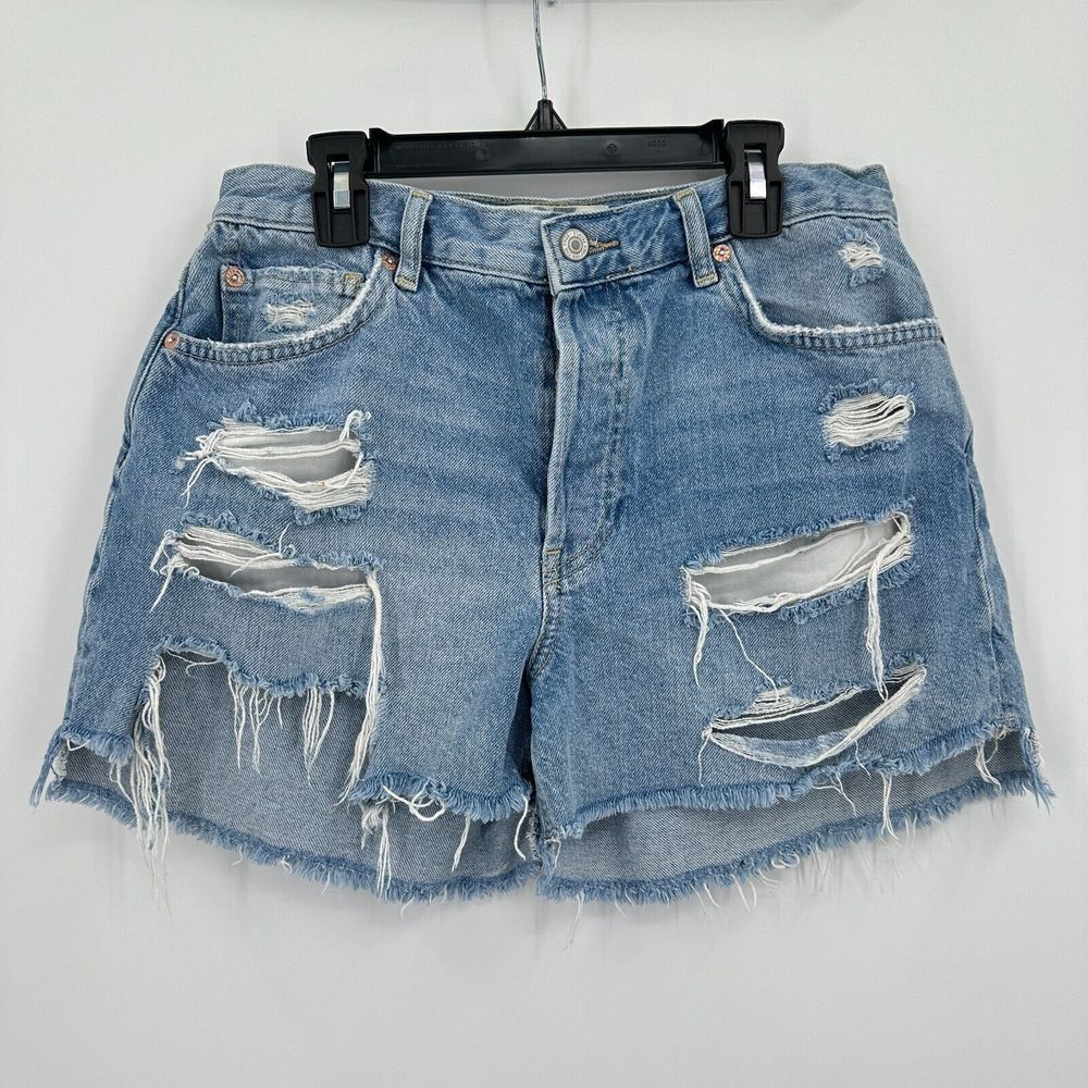 We The Free Cut Out Shorts Womens 27‎ Blue Ripped Distressed Fringe Button Fly